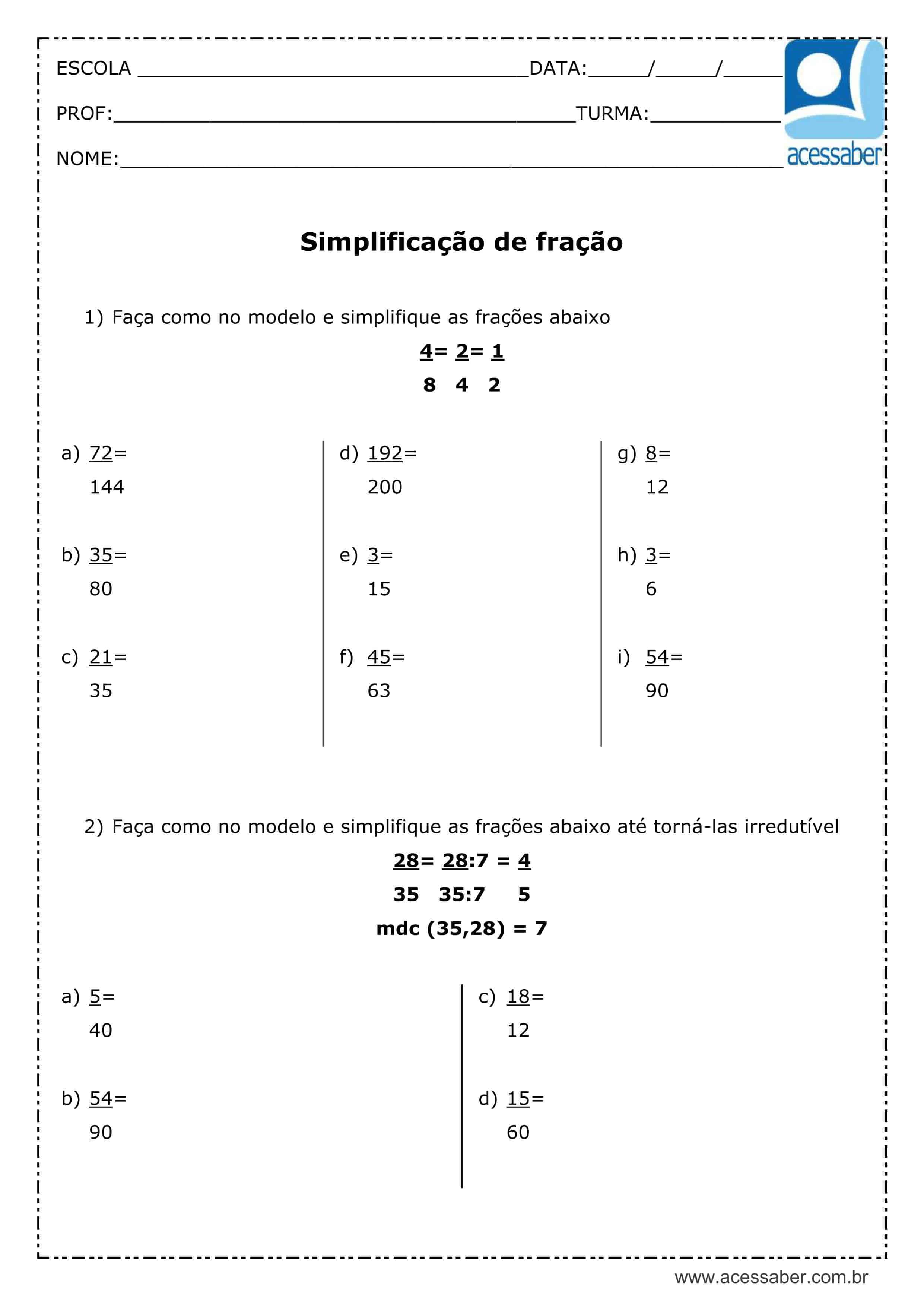 Atividade de matemática: Simplificação de fração - 5º ou 6º ano - Acessaber